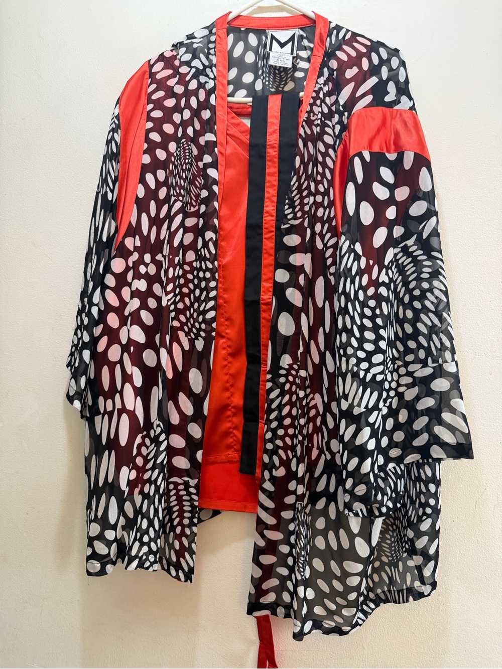 Marc Bouwer Black and White Polka Dot Sheer Kimono with Orange Accents